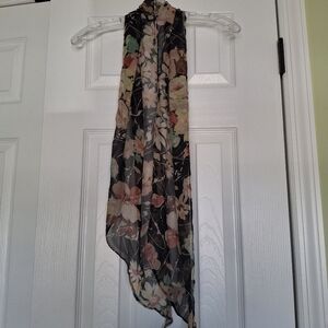 Vintage Black Floral Sheer Scarf with Pink, Green and Cream Accents